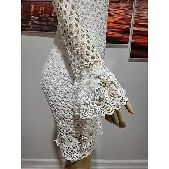 EILLY BAZAR White Guipure Lace Size M Women's Dress Flounce Sleeve NEW #C - Picture 6 of 10